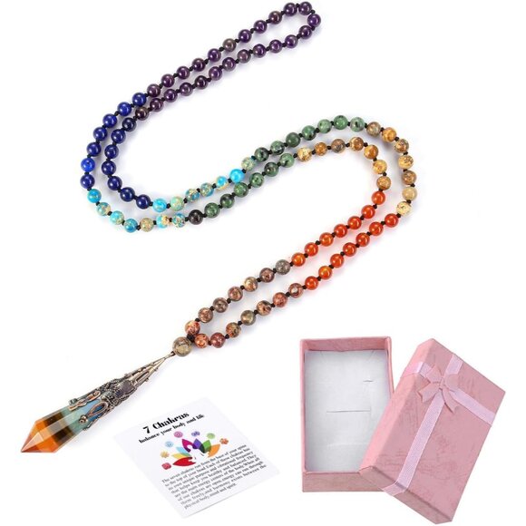 Natural 7 Chakra Mala Beads Necklace with Reiki Crystal Pendant, 108 Beads - Picture 2 of 8